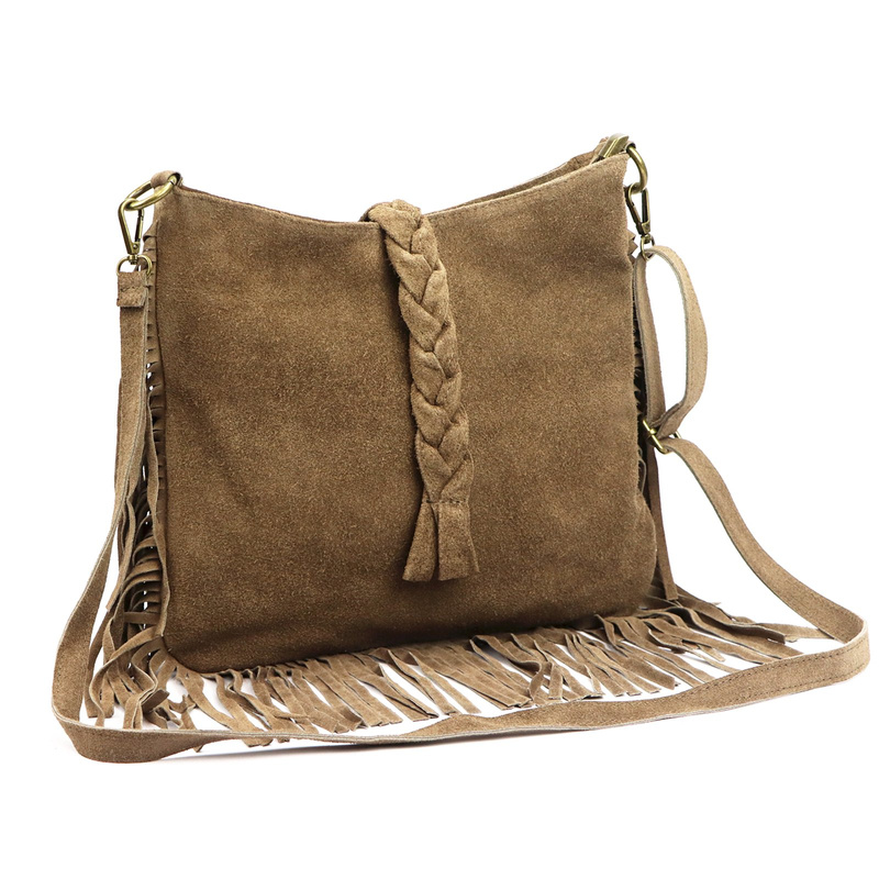 Luka Listonoszka damska skórzana z frędzlami boho torebka na ramię