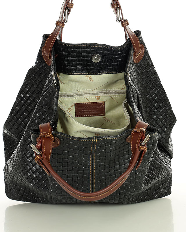 Modna torebka damska skórzany koszyk MARCO MAZZINI - Carina Treccia ciemny brąz caffe