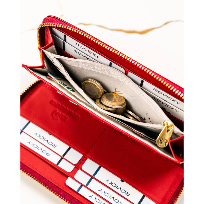 Czerwony portfel-piórnik damski z lakierowanej skóry naturalnej wyposażony w system RFID - Rovicky