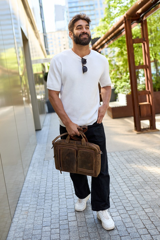 Torba męska skórzana na ramię laptopa duża brązowa nubuk biznesowa Beltimore N07