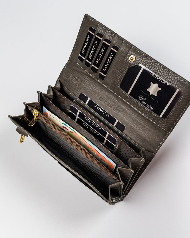 Rovicky skórzany damski portfel podłużny duży wzór skóra węża system RFID