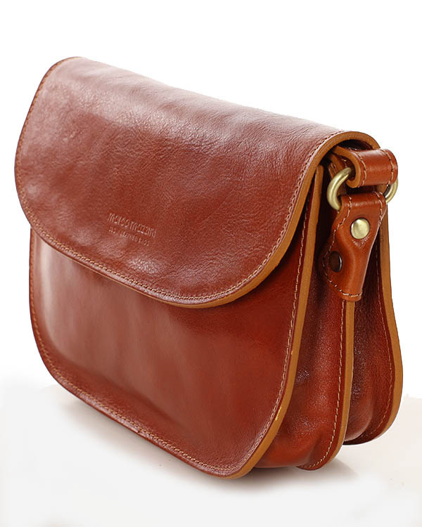 Skórzana torebka saddle bag półksiężyc sztywna skóra - MARCO MAZZINI brąz camel