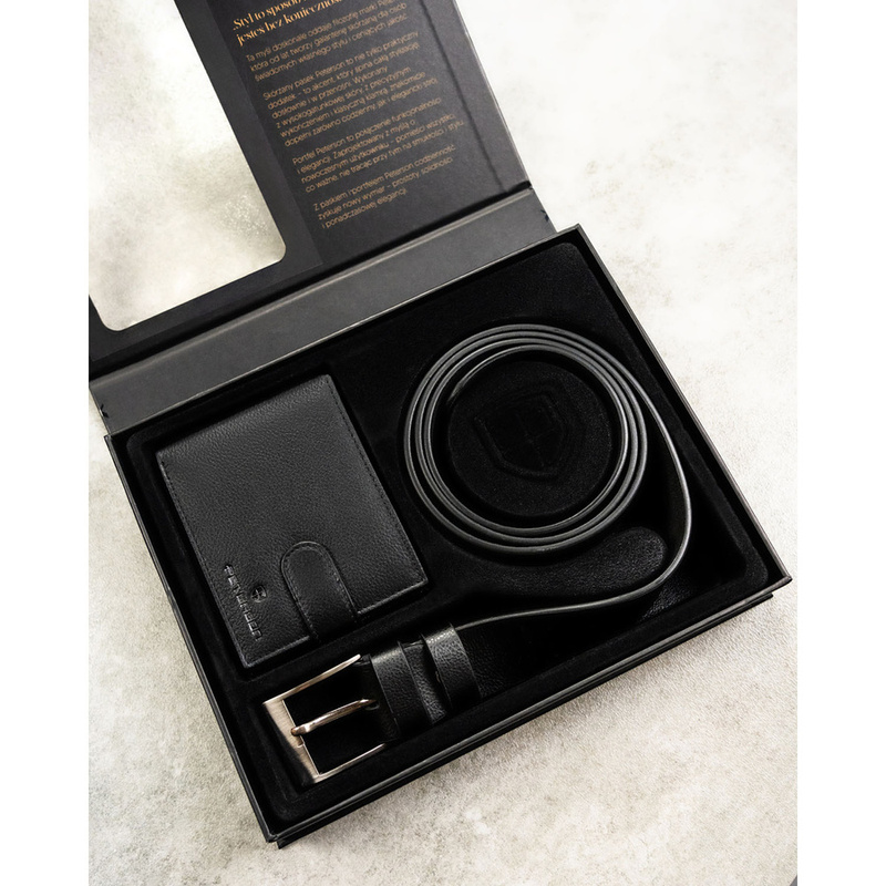 Zestaw prezentowy: skórzany, poziomy portfel męski w czarnym kolorze z systemem RFID i pasek ze skóry ekologicznej - Peterson