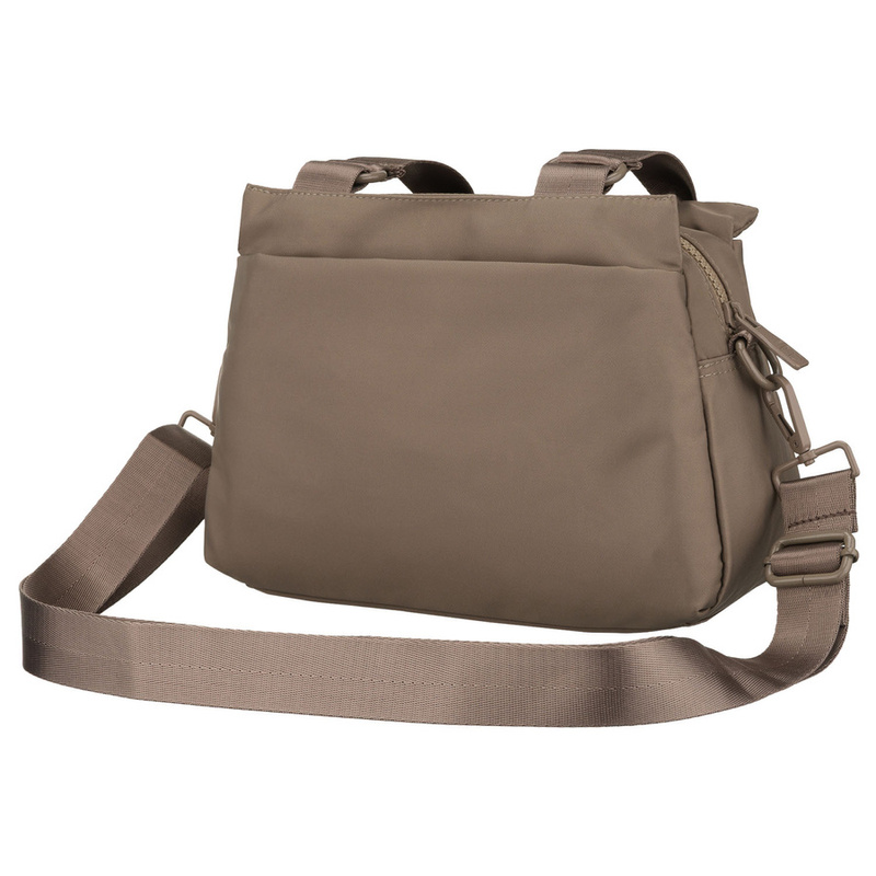 Beżowa listonoszka damska z poliestru zawieszona na uchwytach i doczepianym pasku - Peterson