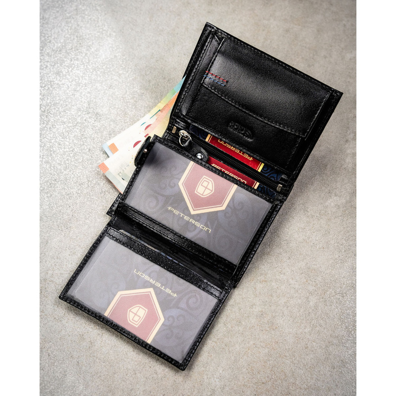 Elegancki portfel męski ze skóry naturalnej w czarnym kolorze w zestawie z brelokiem - Peterson