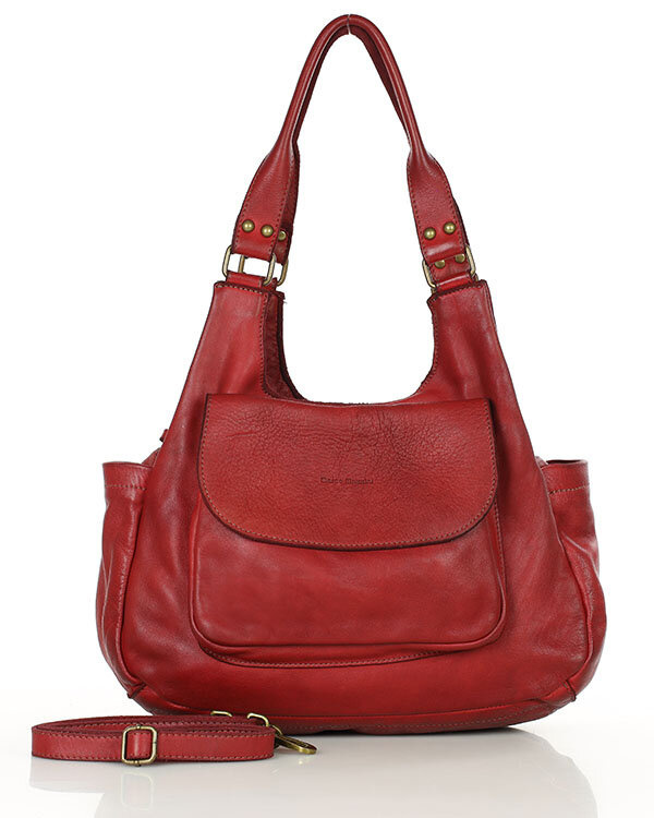 Włoska torebka skórzana z kieszenią retro bag handmade - MARCO MAZZINI bordo czerwona