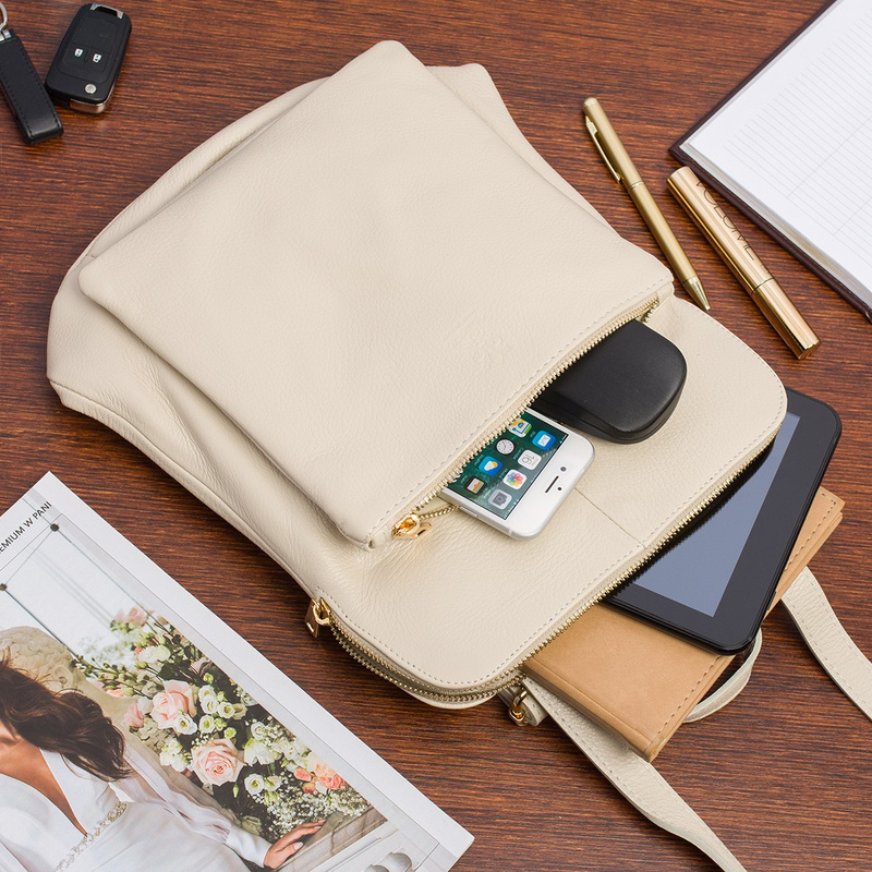 Skórzany plecak damski torba 2w1 elegancki A4 włoski pojemny ecru Vera Pelle S40