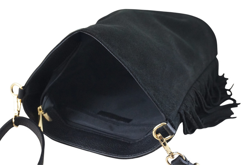 Zamszowa torebka boho z frędzlami - Czarna