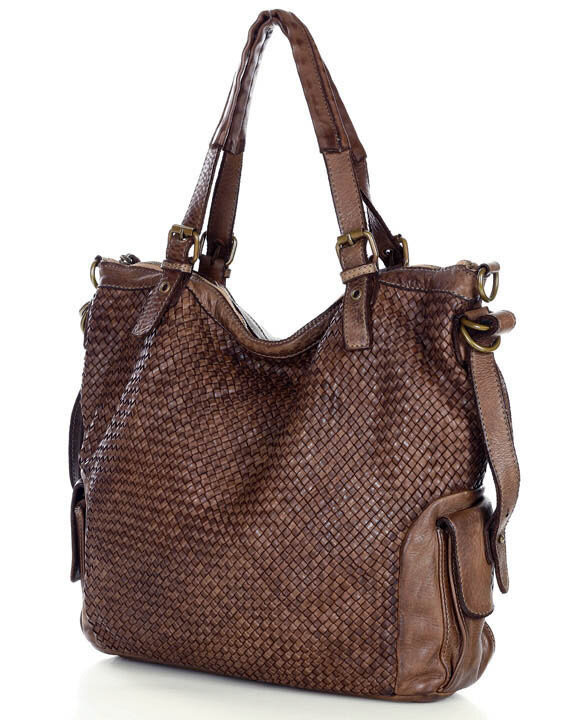 Miejska torebka z regulowanymi rączkami shopper pleciona skóra handmade - MARCO MAZZINI brąz