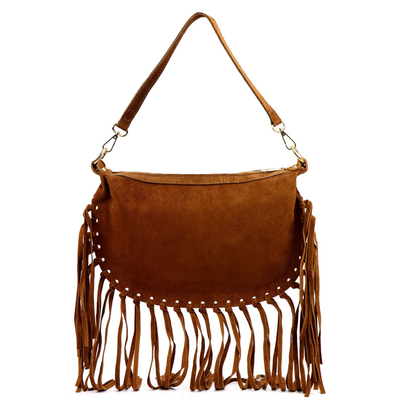 Luka Zamszowa damska listonoszka skórzana z frędzlami torebka na ramię