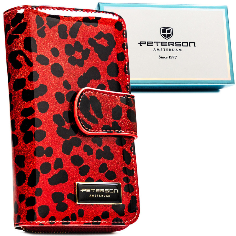 Czerwony, pionowy portfel damski ze skóry ekologicznej i naturalnej w cętki, wyposażony w system RFID - Peterson