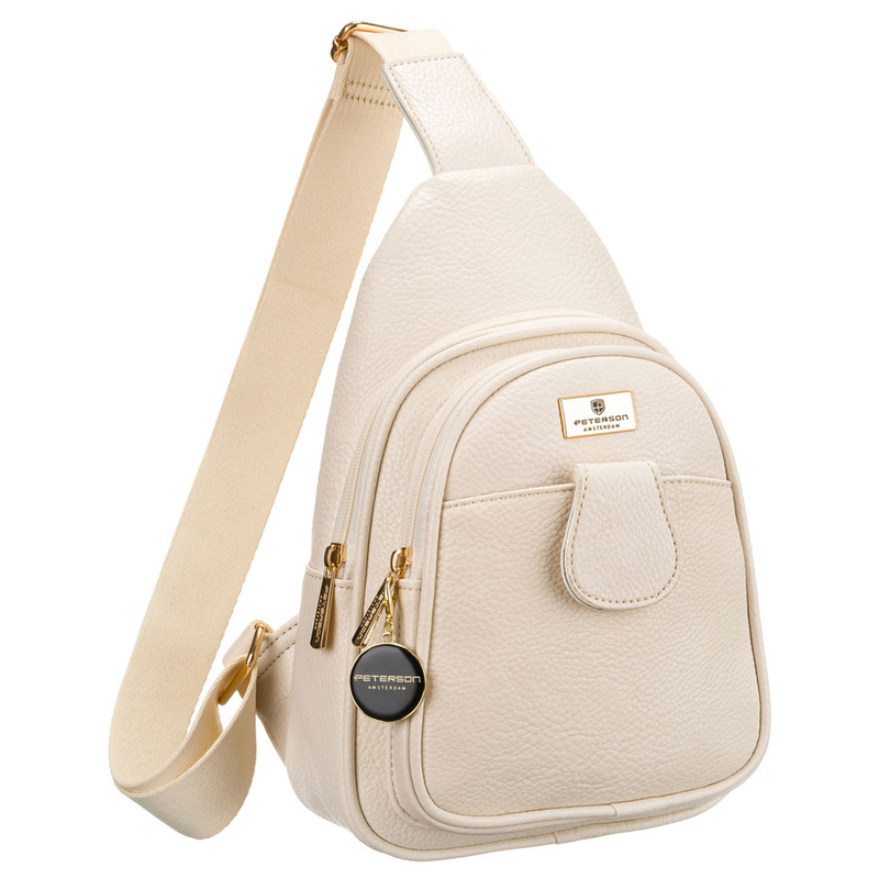 Beżowa saszetka damska z szerokim materiałowym paskiem crossbody plecak na jedno ramię eko skóra Peterson