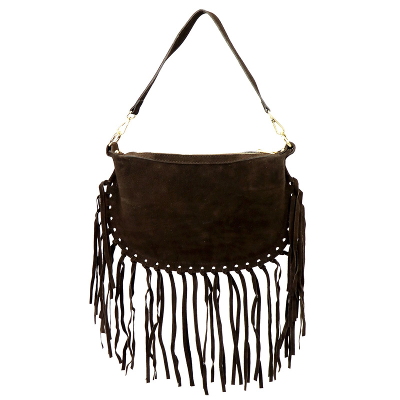 Luka Zamszowa damska listonoszka skórzana z frędzlami torebka na ramię