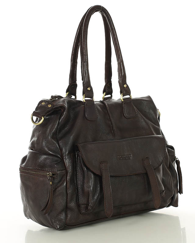 Pojemna torba damska na ramię z kieszeniami skóra naturalna - MARCO MAZZINI ciemny brąz caffe