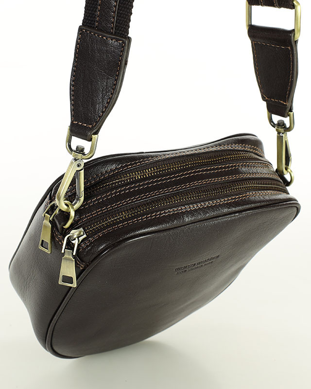 Torba skórzana na dwa zamki crossbody camera bag - MARCO MAZZINI brąz ciemny