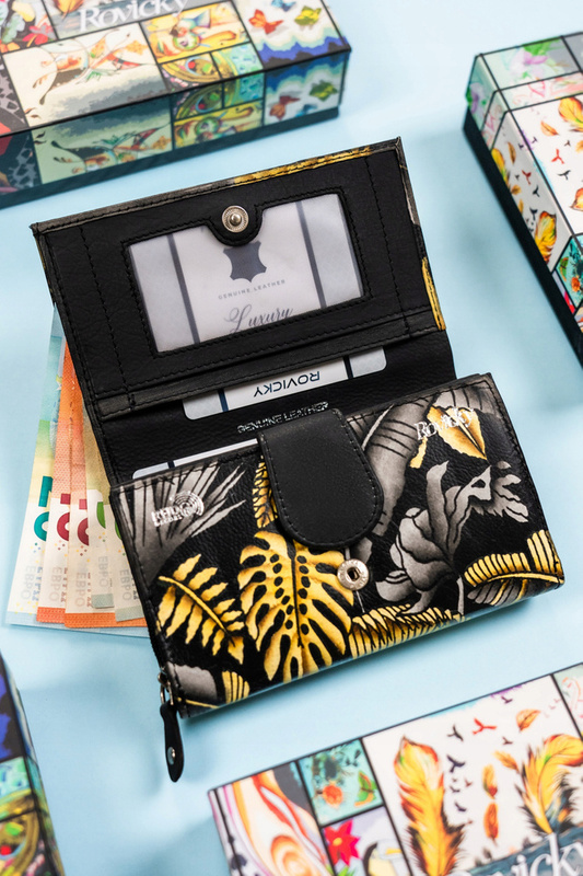 Rovicky Pojemny skórzany portfel damski na zatrzask roślinny wzór