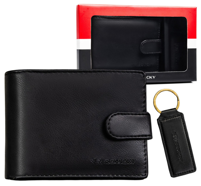 Zestaw prezentowy: męski, czarny portfel ze skóry ekologicznej i brelok do kluczy - Rovicky