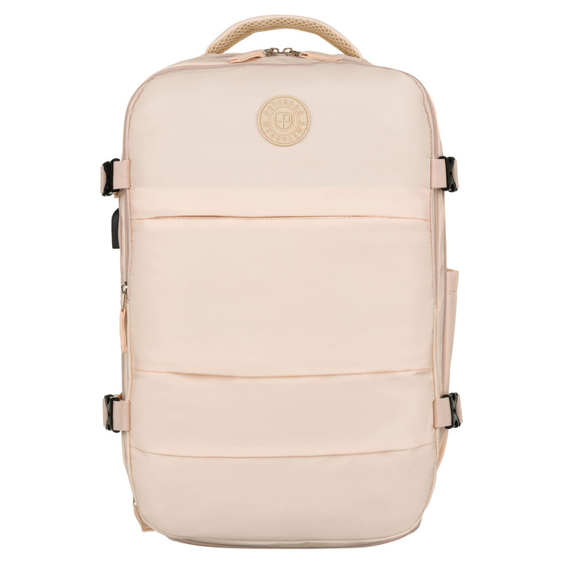 Plecak podróżny z portem USB wykonany z poliestru w beżowym kolorze - Peterson