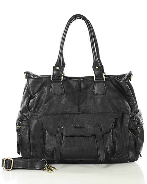 Pojemna torba damska na ramię z kieszeniami skóra naturalna - MARCO MAZZINI czarny