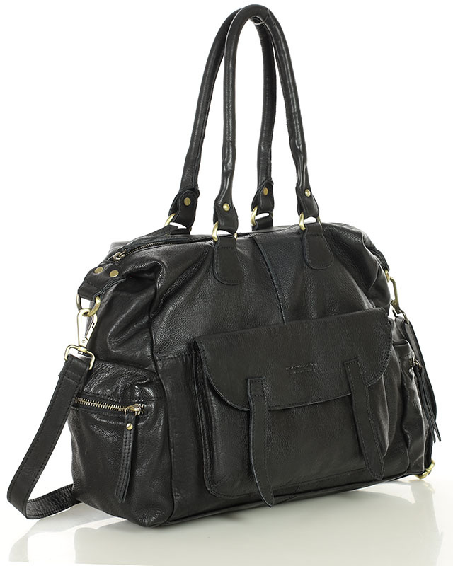 Pojemna torba damska na ramię z kieszeniami skóra naturalna - MARCO MAZZINI czarny