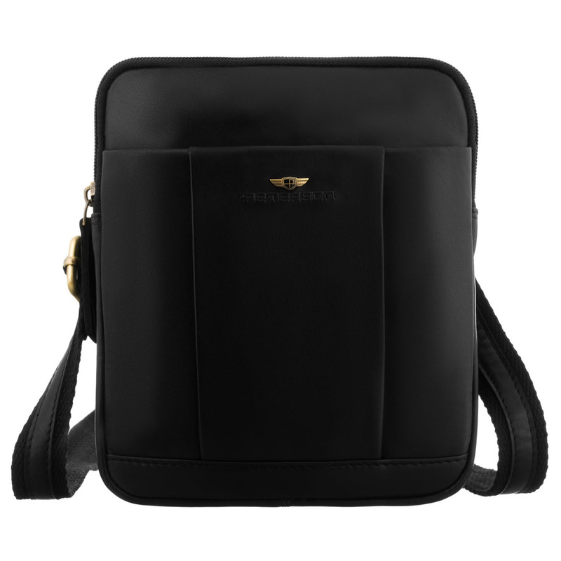 Dwukomorowa, czarna listonoszka męska ze skóry naturalnej zawieszona na regulowanym pasku - Peterson