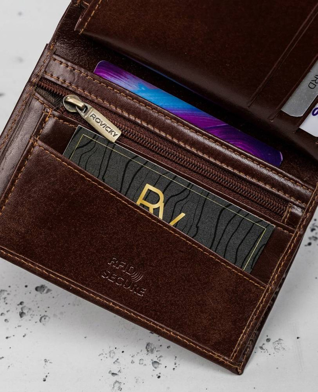 Rovicky męski składany portfel skóra naturalna rozbudowany pionowy RFID