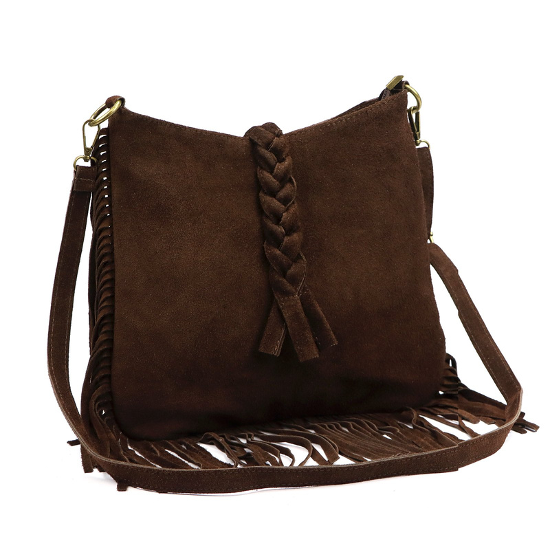 Luka Listonoszka damska skórzana z frędzlami boho torebka na ramię