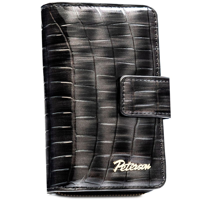 Szary portfel damski ze skóry ekologicznej z tłoczeniem na wzór skóry krokodyla, zamykany na zatrzask i suwak - Peterson