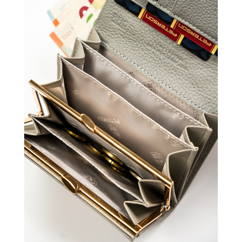 Wielokolorowy portfel damski ze skóry naturalnej zamykany zatrzaskiem i biglem - Peterson