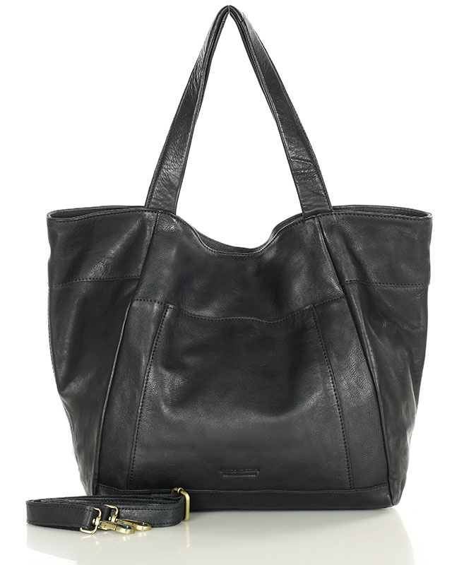 Duża skórzana torebka shopper z kieszenią - MARCO MAZZINI czarny