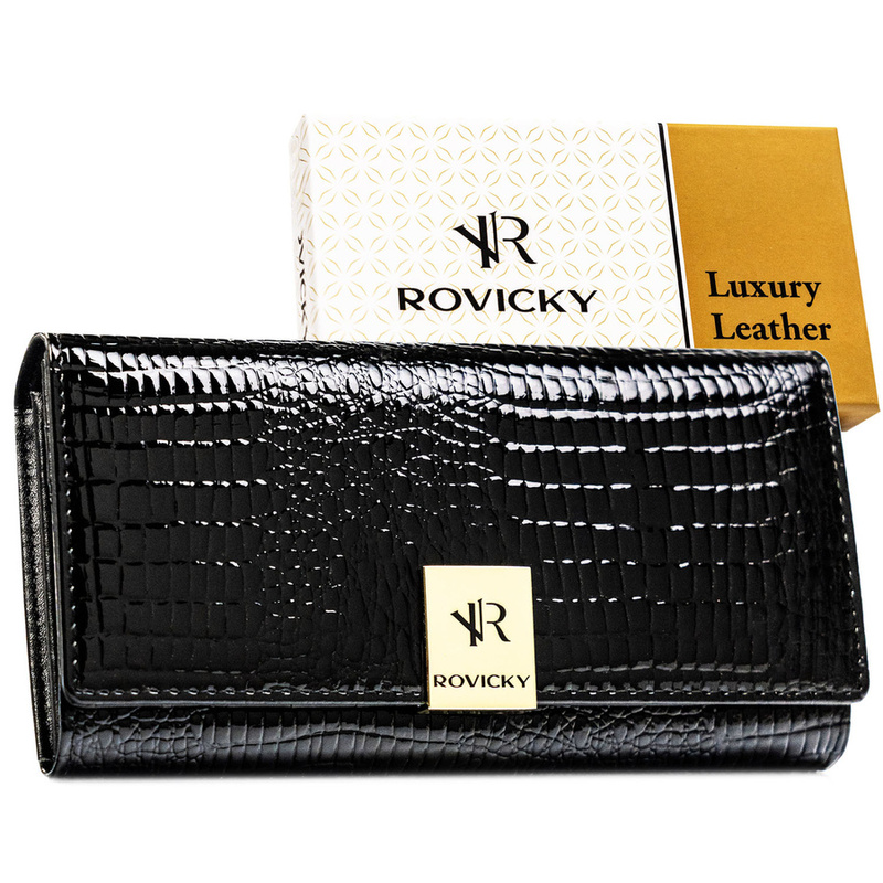 Duży, czarny portfel damski ze skóry naturalnej we wzór imitujący skórę krokodyla - Rovicky