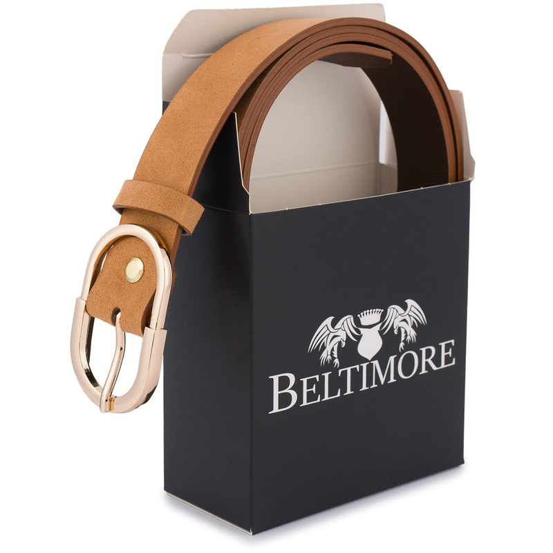 Skórzany pasek damski do spodni sukienki camelowy skóra nat. zamszowa 3 cm Beltimore E52 : Kolory - brązowy, beżowy, Rozmiar pasków - r.110-125 cm