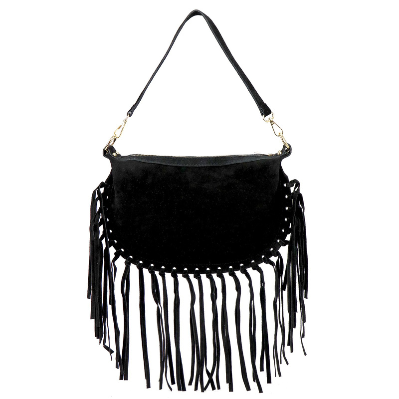 Luka Zamszowa damska listonoszka skórzana z frędzlami torebka na ramię