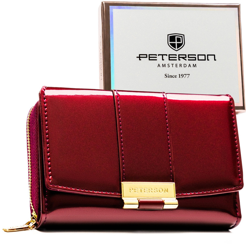 Portfel damski z lakierowanej skóry ekologicznej w śliwkowym kolorze, wyposażony w system RFID - Peterson