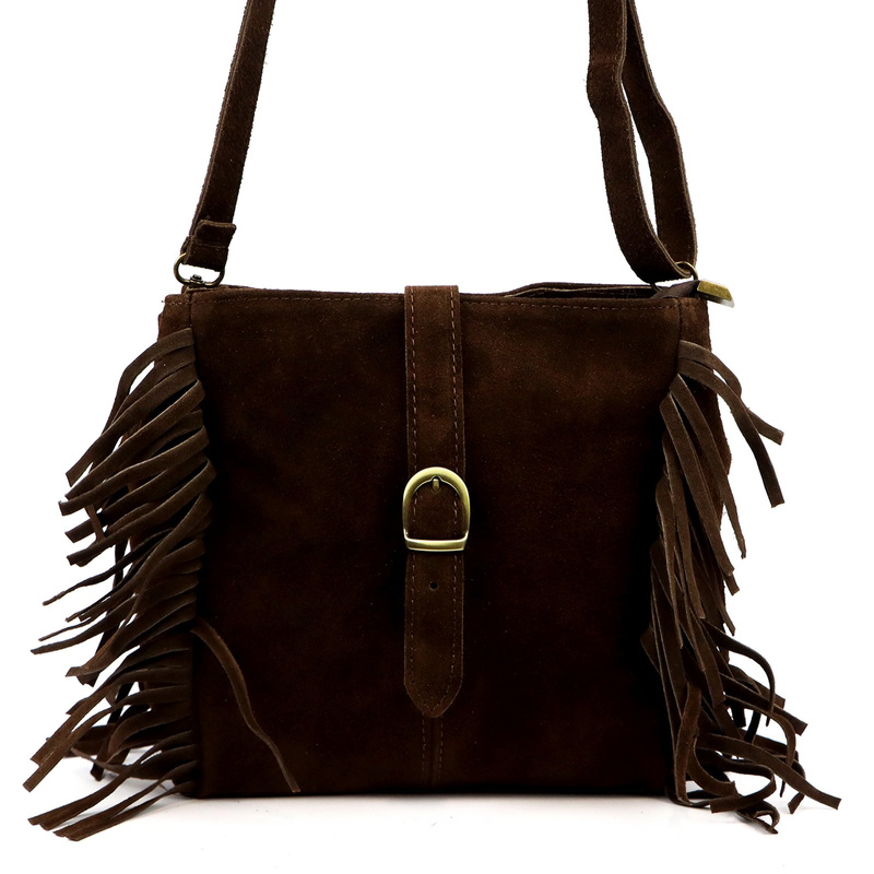 Zamszowa damska listonoszka torebka skórzana przez ramię z frędzlami Luka