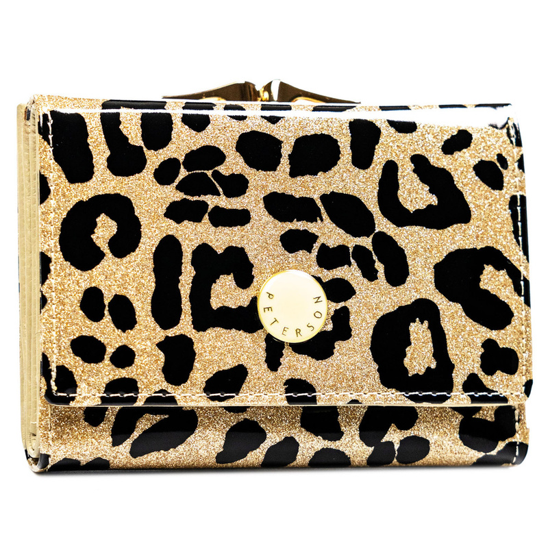 Złoty portfel damski ze skóry ekologicznej i naturalnej w cętki, zamykany biglem i zatrzaskiem - Peterson