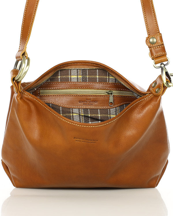 Luksusowa torebka skórzana na długim pasku z regulacją - MARCO MAZZINI camelowa