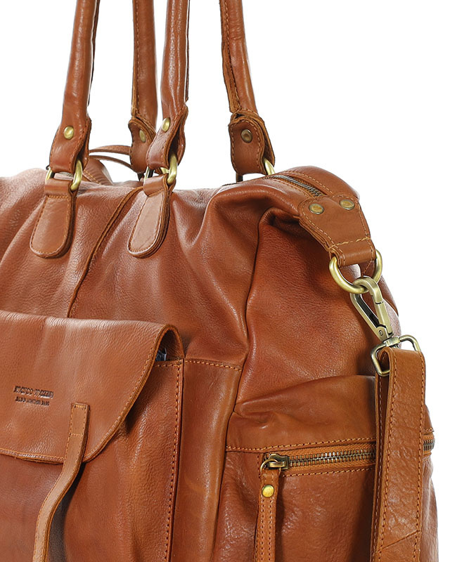 Pojemna torba damska na ramię z kieszeniami skóra naturalna - MARCO MAZZINI brąz camel