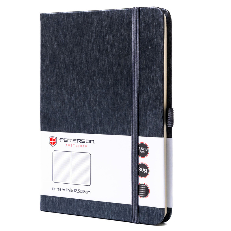 Szary notes w formacie B6 zadrukowany w linie, wyposażony w gumkę zamykającą - Peterson