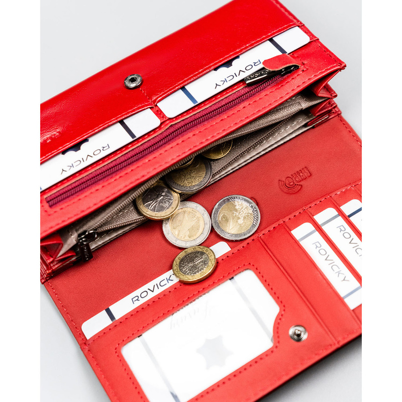 Duży, poziomy, czerwony portfel damski ze skóry naturalnej i ekologicznej zamykany zatrzaskiem - Rovicky