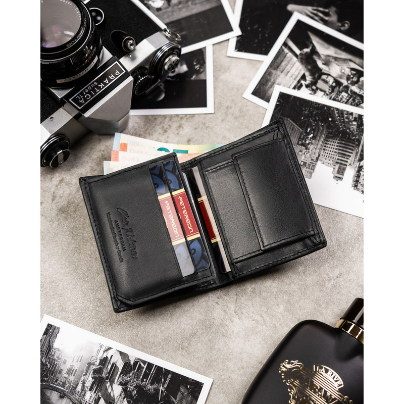 Pionowy, czarny portfel męski ze skóry naturalnej wyposażony w system RFID - Peterson