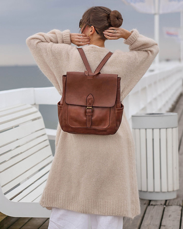 Plecak skórzany handmade z kieszeniami  - MARCO MAZZINI czekoladowy brąz