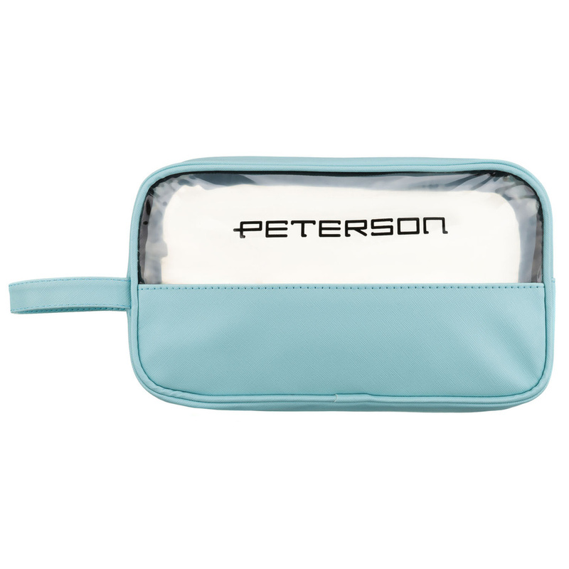 Niebieska kosmetyczka z tkaniny syntetycznej wyposażona w przezroczysty panel - Peterson