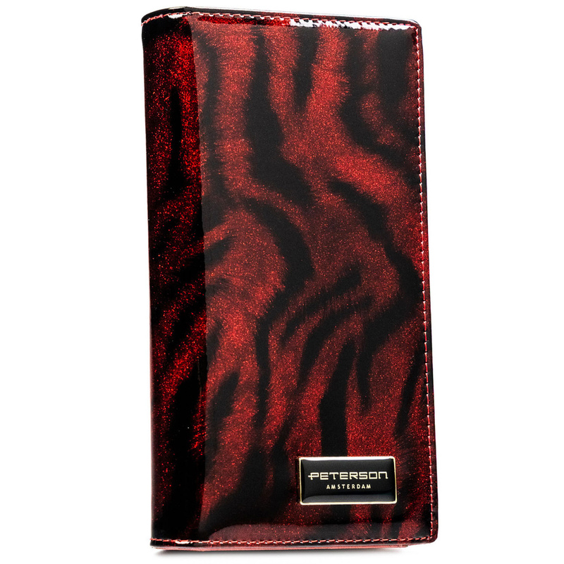 Lakierowany, czerwony portfel damski ze skóry naturalnej i ekologicznej w zwierzęcy wzór - Peterson