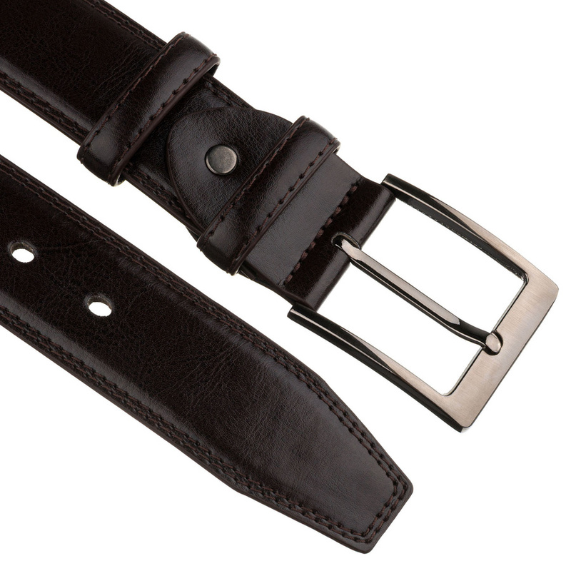 Brązowy pasek męski ze skóry ekologicznej ze srebrną, klasyczną klamrą