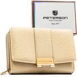 Beżowy portfel damski wykonany ze skóry ekologicznej o groszkowej fakturze, zamykany zatrzaskiem - Peterson
