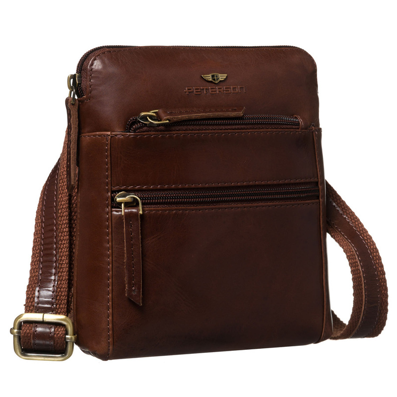 Elegancka, skórzana listonoszka męska w brązowym kolorze zamykana suwakiem - Peterson