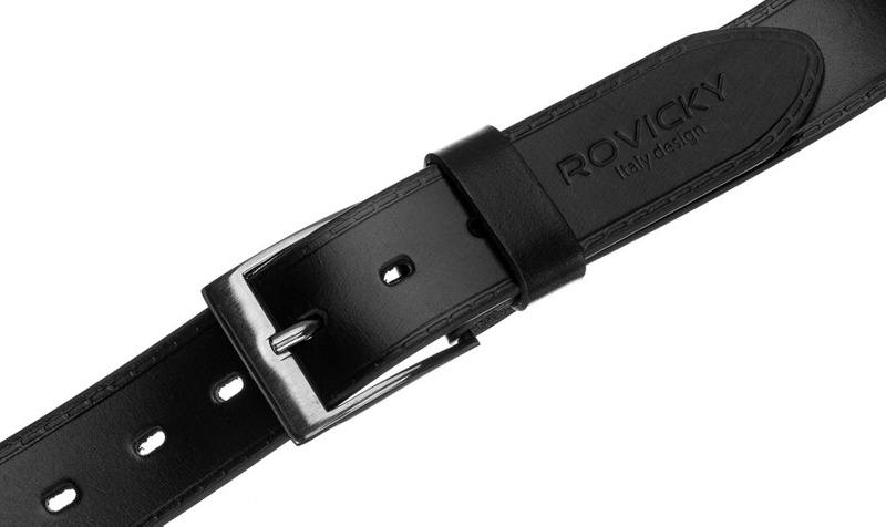 Szeroki, stebnowany pasek męski ze skóry naturalnej licowej - Rovicky