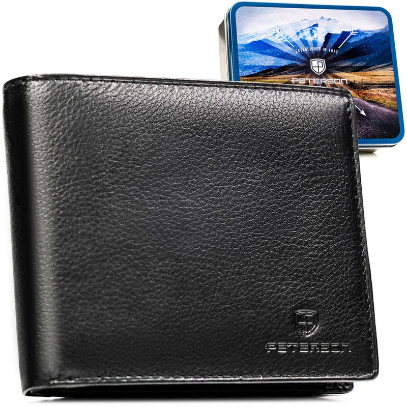 Poziomy, duży portfel męski ze skóry naturalnej w czarnym kolorze w zestawie z brelokiem - Peterson