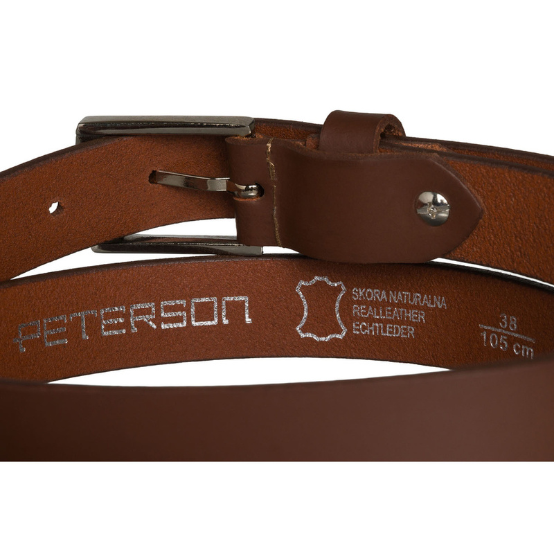 Skórzany, wąski pasek damski w brązowym kolorze ze srebrną, klasyczną klamrą - Peterson